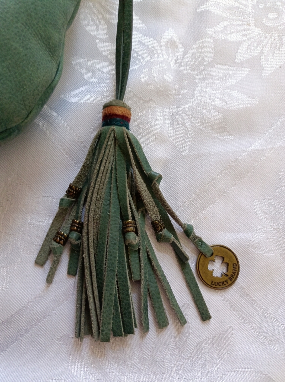 Lucky Brand Genuine Leather Embroidery Shoulder Bag Multiple Compartments Green - Picture 13 of 16